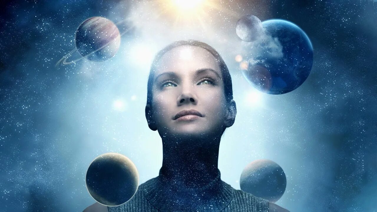 Космос разум человек. Женщина космос. взгляд внутрь себя. планеты влияют на человека. разум фото.