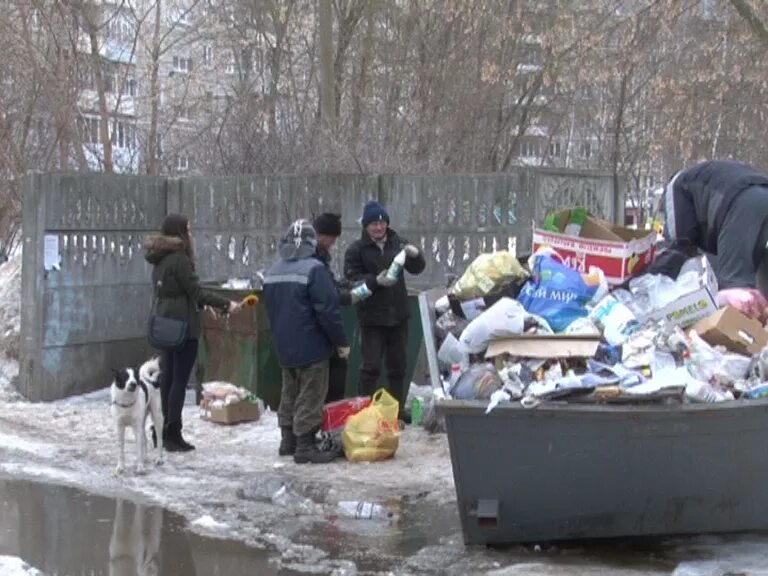 Мусорный контейнер. Бомж ковыряется в мусорке. Рыться в мусорке