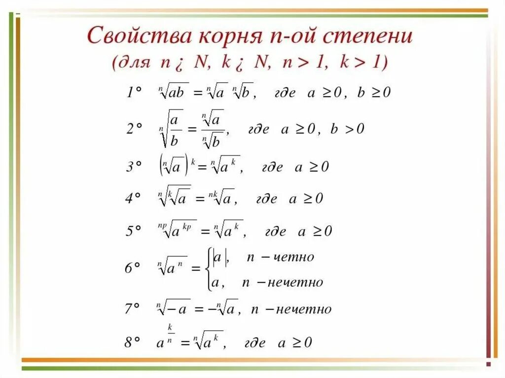 Корень 11 35. Свойства корня n-Ой степени 11 класс. Свойства корня n-Ой степени формулы. Действия с корнями n-Ой степени.