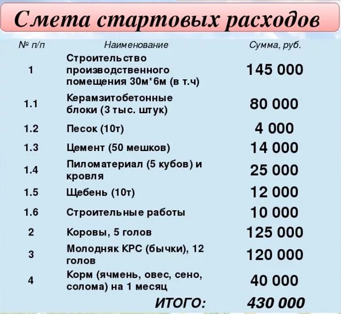 Смета расходов лпх. Смета для бизнес плана. Смета расходов для бизнес плана. Образец бизнес плана КРС. Образец сметы для бизнес плана.