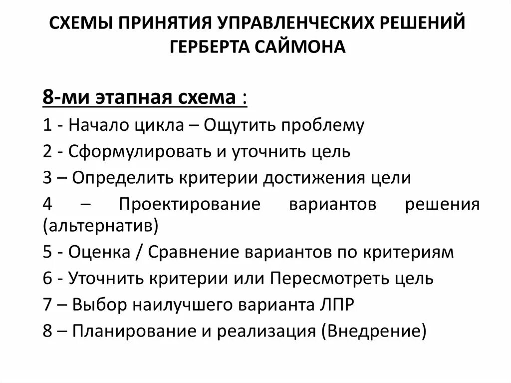 Этапов модели принятия решений г. Саймона. Схемы принятия управленческих решений Герберта Саймона. 8. Схемы принятия управленческих решений Герберта Саймона. Стадии принятия управленческих решений.