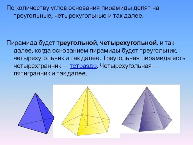 Тетраэдр сколько углов. Основание пирамиды геометрия. Виды пирамид в геометрии. Пирамида Геометрическая фигура. Пирамида геометрическое тело.