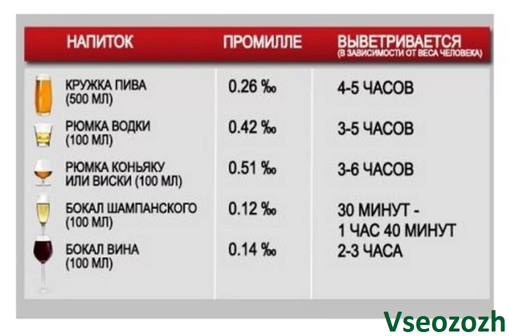 Алкогольная таблица за руль. За сколько выветривается перегар от шампанского.