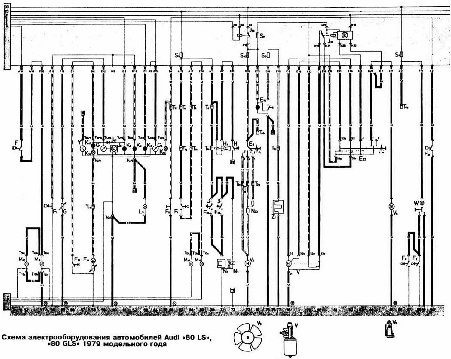 Wiring diagram for Audi "80 S", "80 LS", "80 GLS" 1981 model year (Audi 80 B2, 1