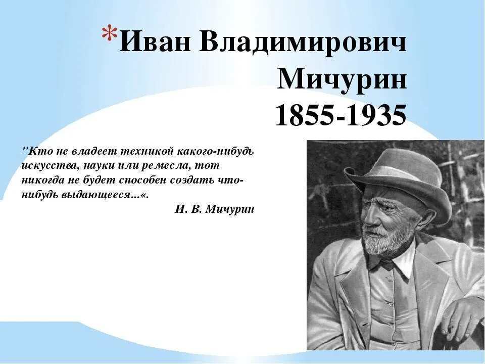 Год рождения ивана. Иван Владимирович Мичурин (1855-1935). Иван Владимирович Мичурин достижения в селекции. Ученый селекционер Иван Владимирович Мичурин. Иван Мичурин вклад в науку.