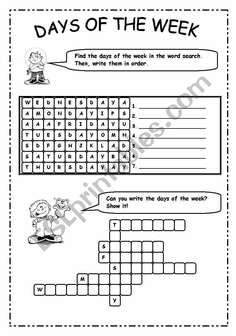 Days of the week Worksheet. Days of the week crosswords for Kids. Days of the week find Words. Days of the week exercises.