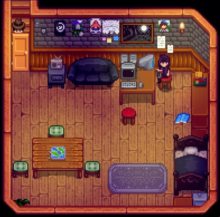 Подвал stardew. Stardew valley комната себастиана. stardew valley комната себастьяна. себастиан стардью валлей комната. stardew valley комнаты.