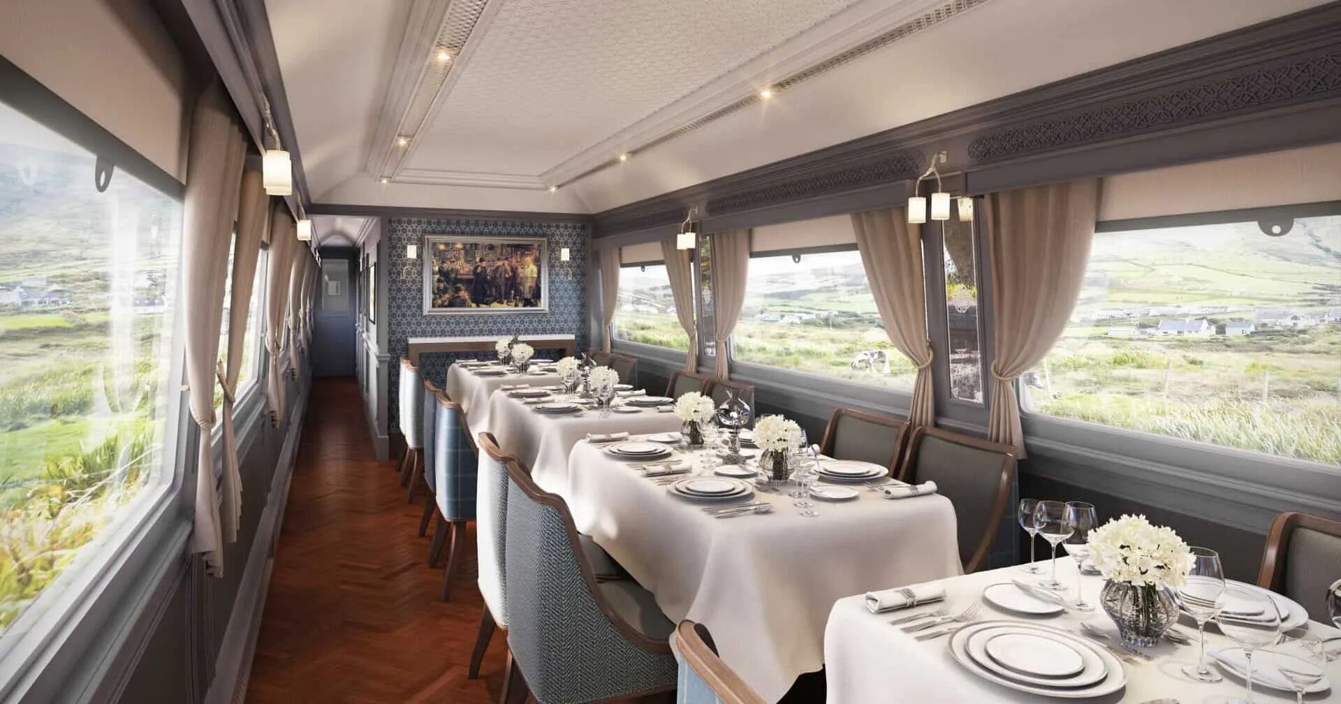 Dining car. Поезд Belmond Grand Hibernian. Ирландия: Belmond Grand Hibernian. Belmond Grand Hibernian поезд класса Люкс. Маршрут Belmond Grand Hibernian.