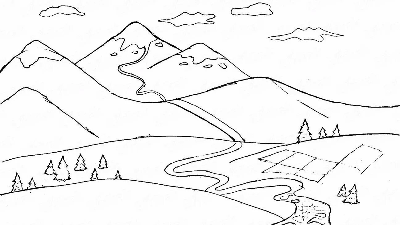 Контуры пейзажей для рисования. Горный пейзаж раскраска. Горы карандашом. Холмы карандашом. Путь реки пейзаж 6 класс