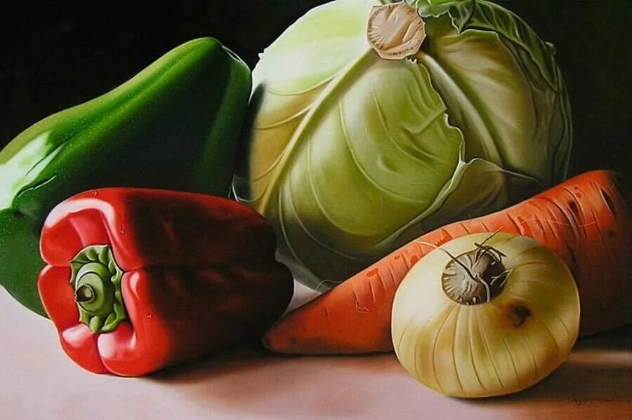 Эллери Гутьеррес (Ellery Gutierrez). Натюрморт с овощами. Натюрморт из овощей и фруктов. Овощи живопись.