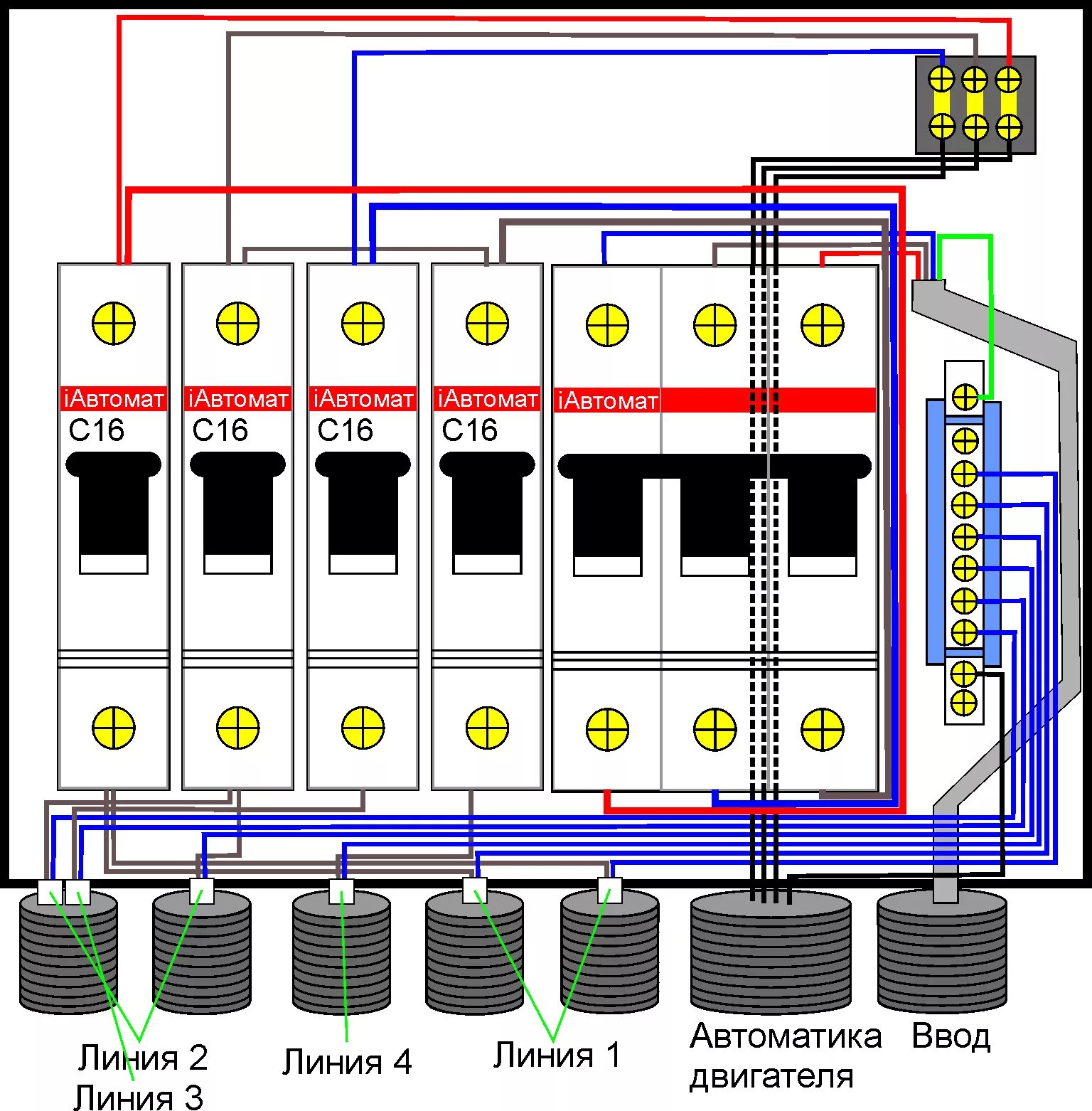 С первого автомата на сборку. Расключение автоматов в щитке 380. Расключение электрощита на 100 автоматов. Схема сборки автоматов в щитке. Схема щитка на 8 автоматов.