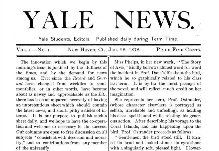 Yale Daily News. Editorial примеры. «Yale Daily News» 1878 year. Editorial newspaper. During the term