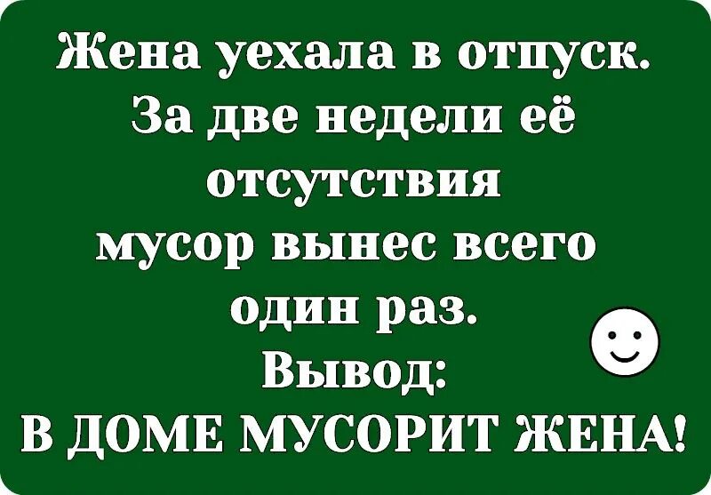 Кто должен выносить. Вывод мусорит дома жена. Вывод дома мусорит жена анекдот. Вынеси мусор анекдот. Жена уехала в отпуск.