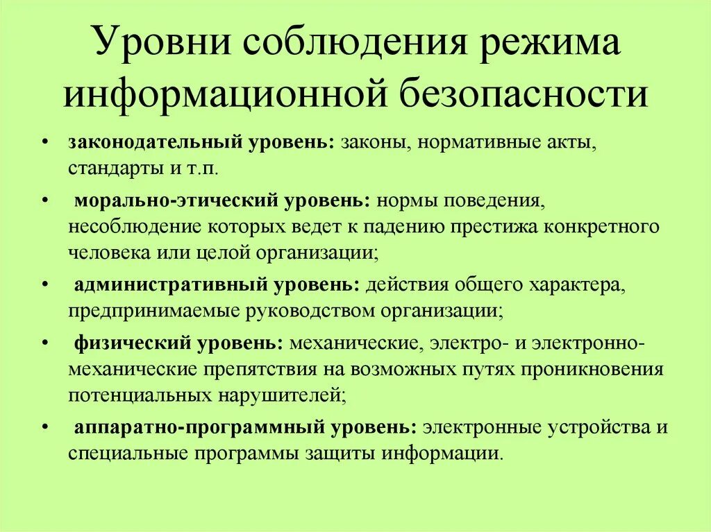 Уровни формирования режима информационной безопасности. Соблюдение режима информационной безопасности. Перечислите уровни соблюдения режима информационной безопасности. Перечислите уровни формирования режима информационной безопасности. Режим защиты информации устанавливается в отношении