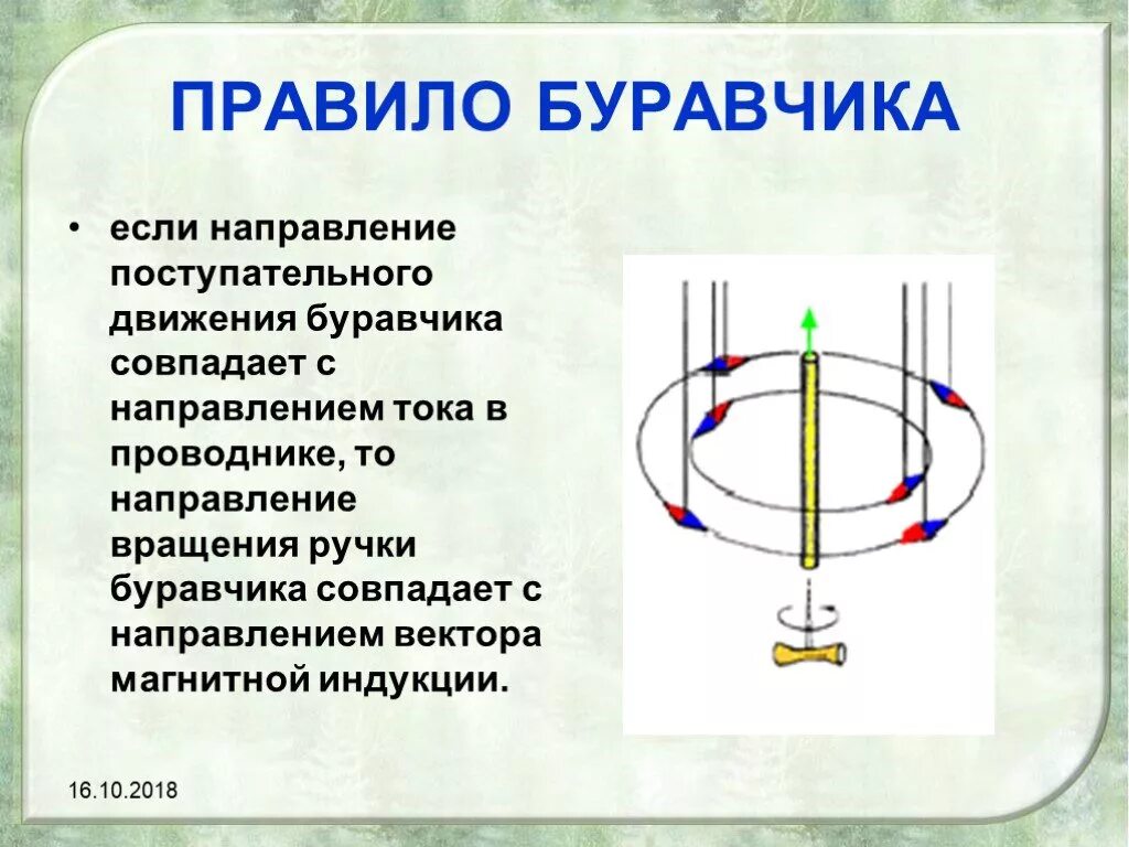 Направление линии магнитной индукции прямого проводника с током. Направление индукции магнитного поля по правилу буравчика. Направление магнитного поля определяется по правилу буравчика. Физика 8 класс правило буравчика правило. Магнитное поле какая буква