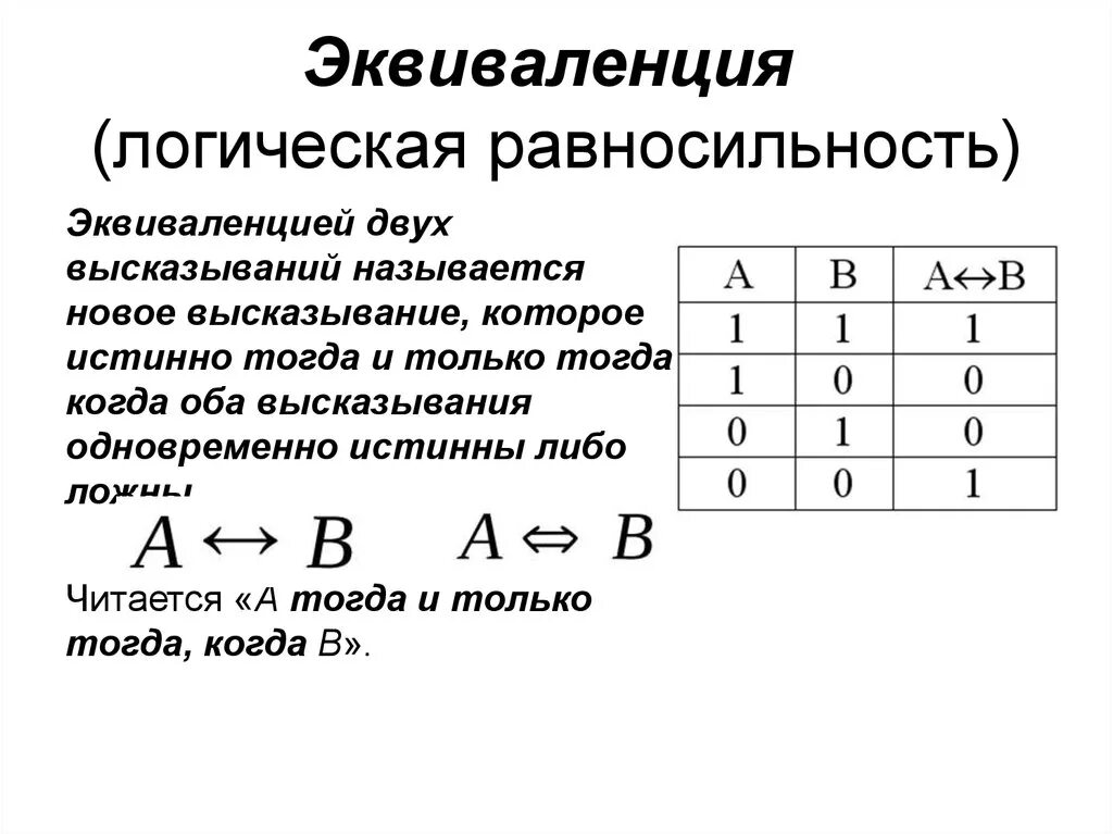 Логическая операция эквиваленция таблица. Равносильность формул мат логика. Эквиваленция (эквивалентность, равносильность). Эквивалентность таблица истинности.