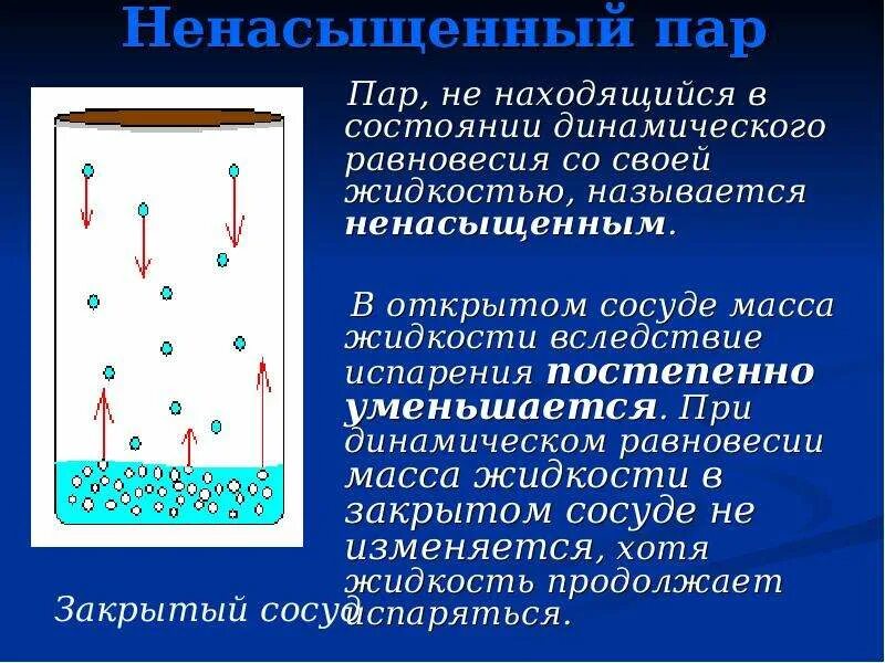 Момент перехода воздуха от ненасыщенного состояния. Термодинамическое равновесие пара и жидкости. Ненасыщенный пар становится насыщенным. Термодинамическое равновесие между паром и жидкостью. Динамическое равновесие жидкости.