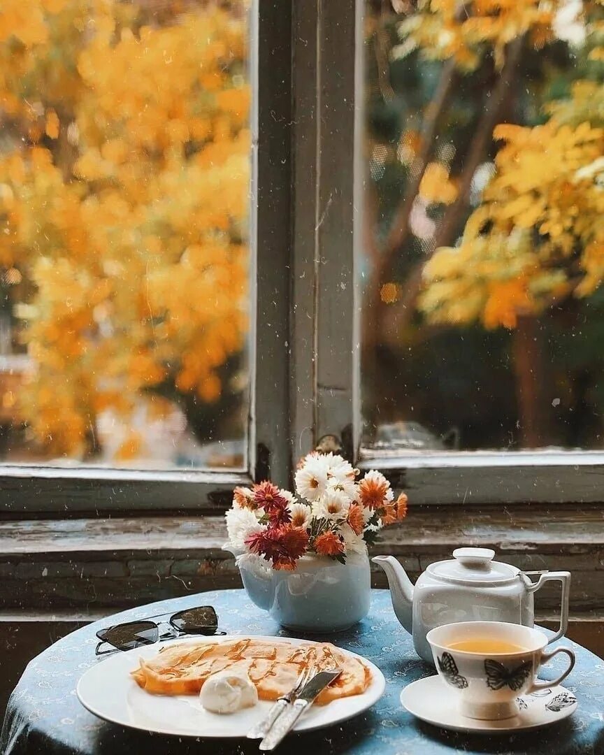 Уютное осеннее утро. Осеннее утро в окне. Осеннее утро за окном. Окно осень.