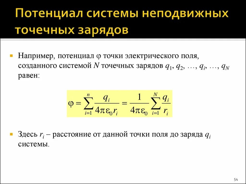 Потенциал поля системы зарядов равен