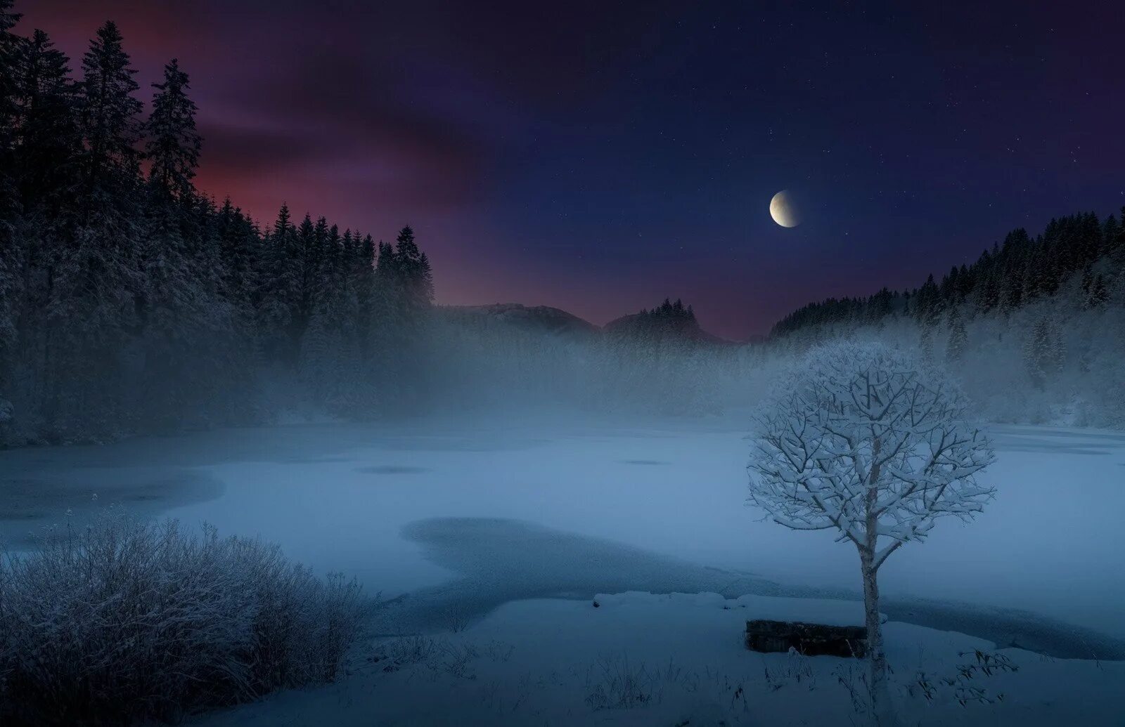 Темный холодный вечер. Зимняя Луна. Зимняя ночь. Зимний ночной пейзаж. Ночные пейзажи природы.