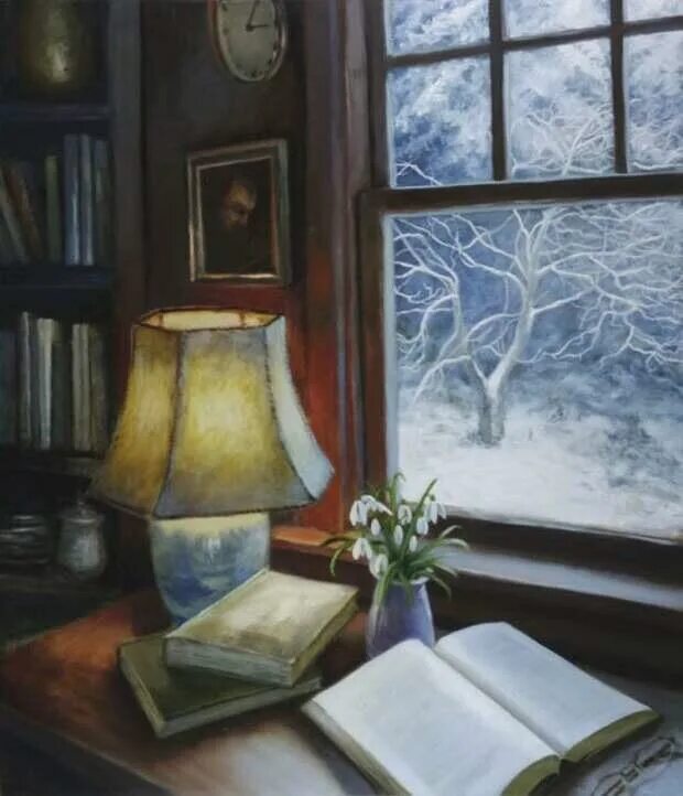 Зимнее окно картина. Вечернее окно живопись. Снег за окном живопись. Книга на окне. Чтение зимним вечером