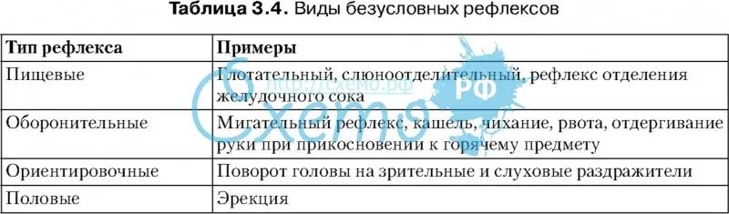 Виды безусловных рефлексов. Виды безусловных рефлексов примеры. Безусловные рефлексы примеры таблица. Виды рефлексов таблица.