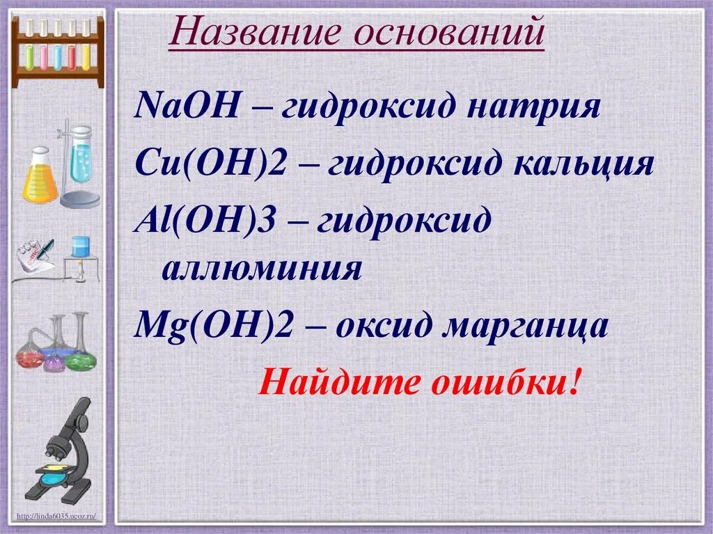 Гидроксид кальция это основание. Названия оснований. Назывния очований. Основания и их названия. Гидроксиды основания 8 класс.