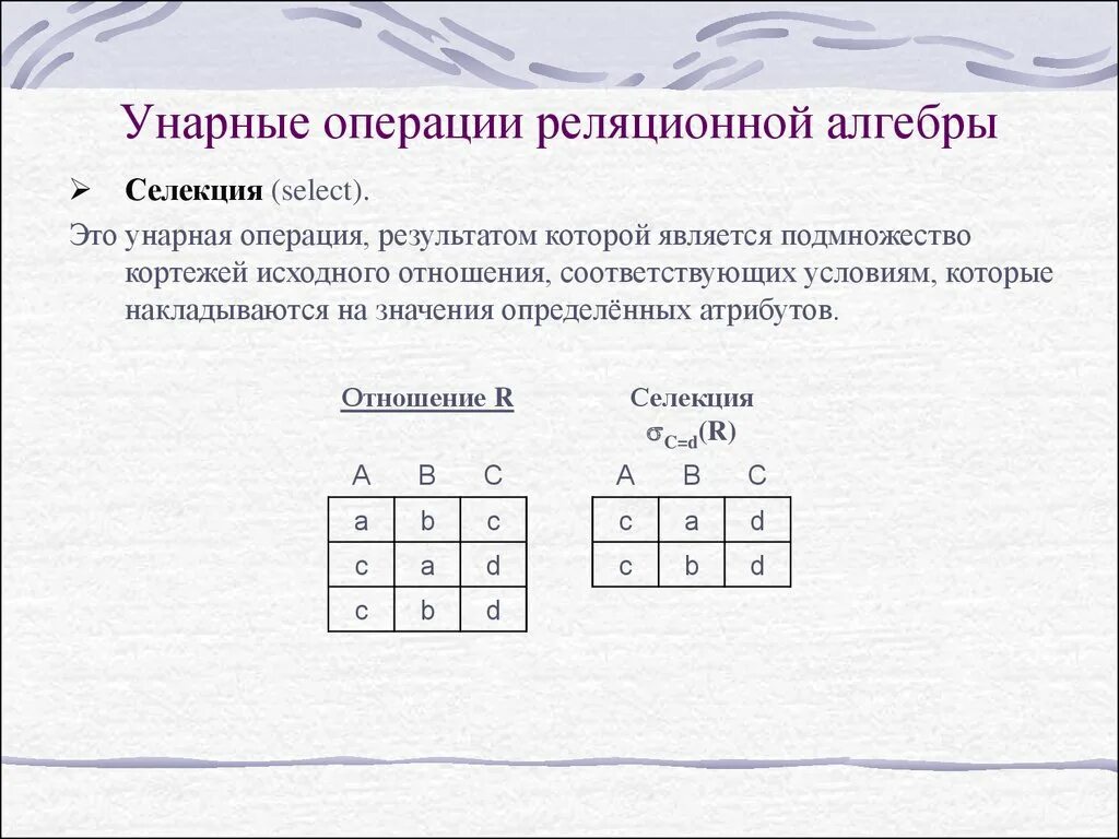 Операции результатом которых является число это. Операции реляционной алгебры селекция. унарные операции реляционной алгебры. схема операций реляционной алгебры. операция реляционной алгебры «селекция» база данных.