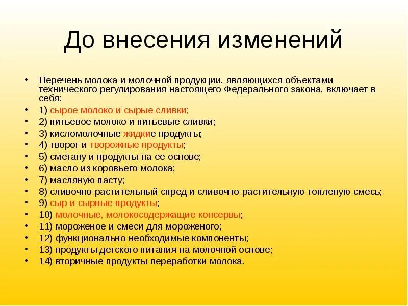 Вносить изменения в продукты. Перечень изменений. Модификация списка. Список для изменения себя. ФЗ О молоке.