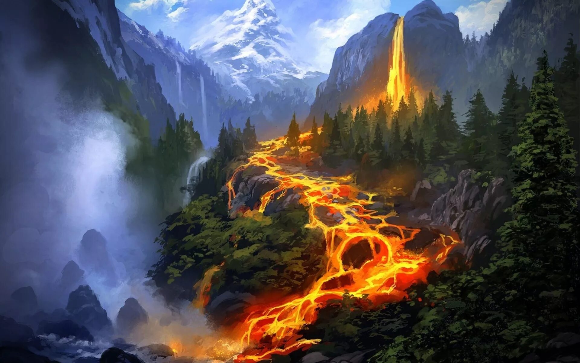 Лавовая Долина арт. Фэнтези пейзажи. Сказочные горы. Горы фэнтези. Река времени огонь