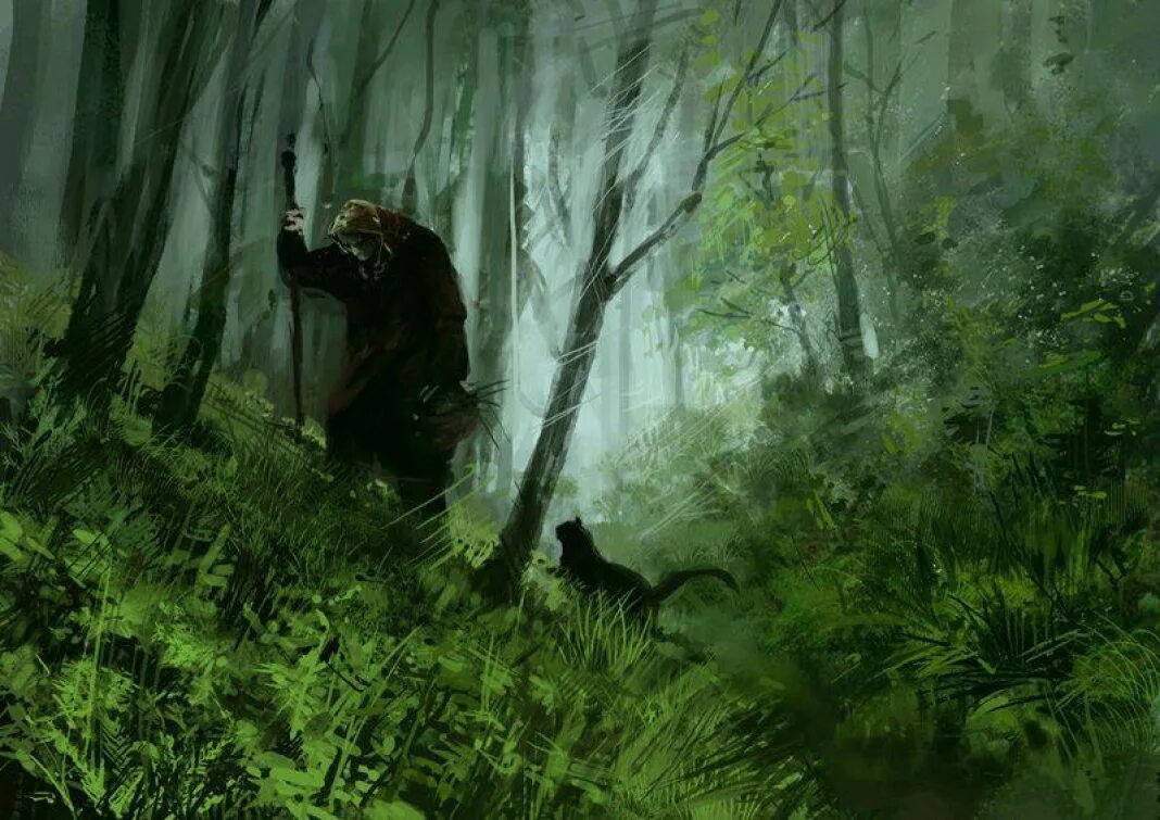 Путники медленно пробирались в глубину лесной чащи. Леший в лесу. Странник в лесу. Человек в дремучем лесу. Охотник в лесу мистика.