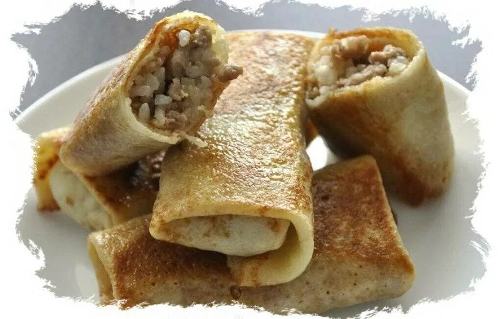 Как приготовить блины с мясом рецепт. Фаршированные блинчики с фаршем. блины фаршированные мясом и рисом. блины с мясом и рисом. блины с фаршем и рисом.