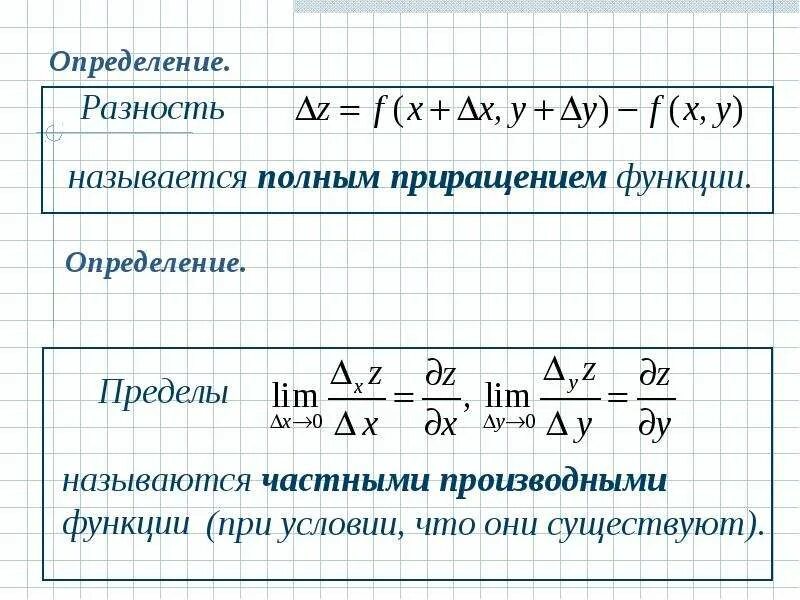 Частные приращения и частные производные функции двух переменных. 2. Частные производные функции нескольких переменных.. Функция двух переменных. Частные и полное приращения функции.