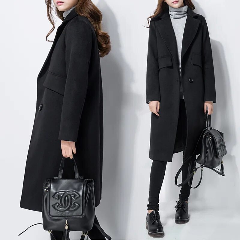 Женское пальто. Чёрное пальто женское. Пальто до колен женское. Длинное черное пальто.