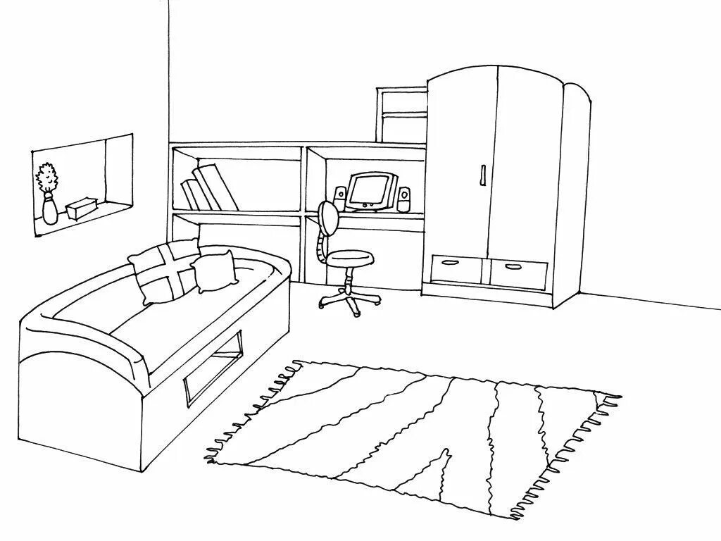 Рисунок комнаты 3 класс английский язык. Раскраска комната. Детская комната раскраска. Комната раскраска для детей. Раскраска интерьер комнаты.