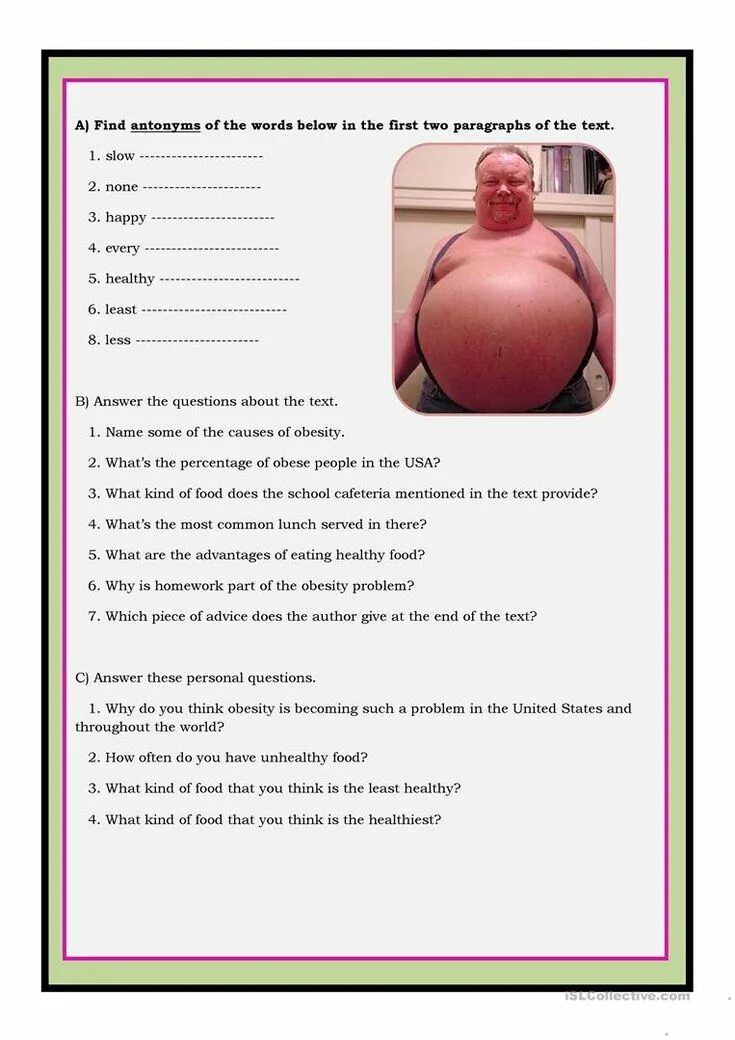 Read the problem page letter. Obesity worksheets. reading comprehension obesity b1. first problem. health problems reading comprehension.