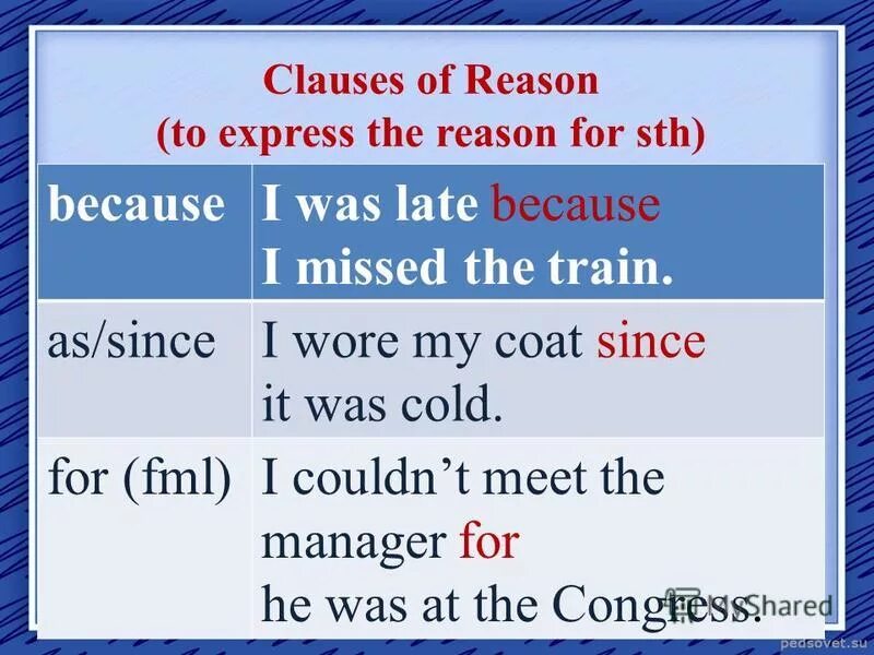 Clauses of reason. Clauses of reason в английском. Предложения с Clauses of reason. Clauses of reason правило.