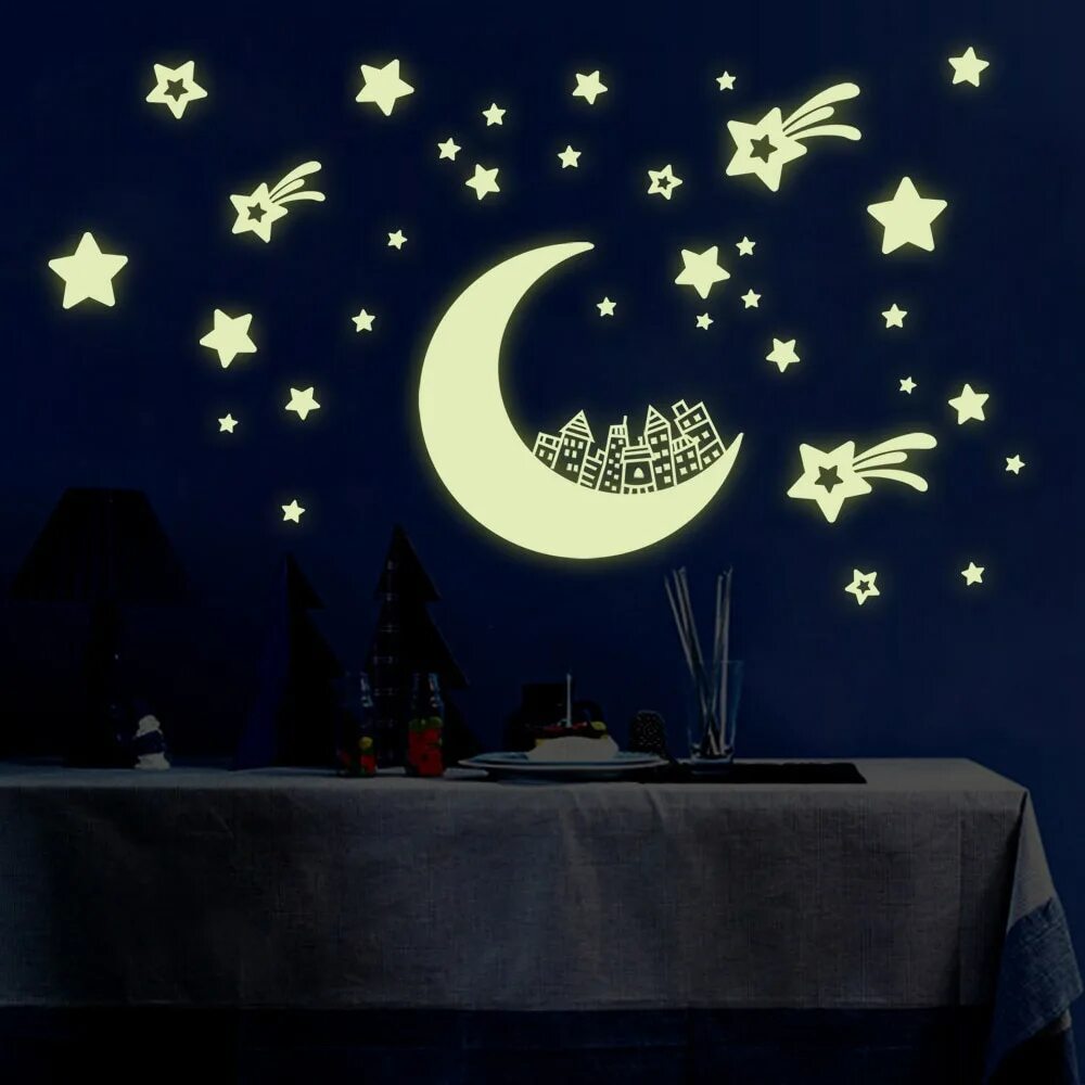 Стикер красивая ночь. Декор стен звездами и луной. Звездное небо декорации. Луна и звезды на стену. Наклейки звезды и Луна на стену светящиеся.