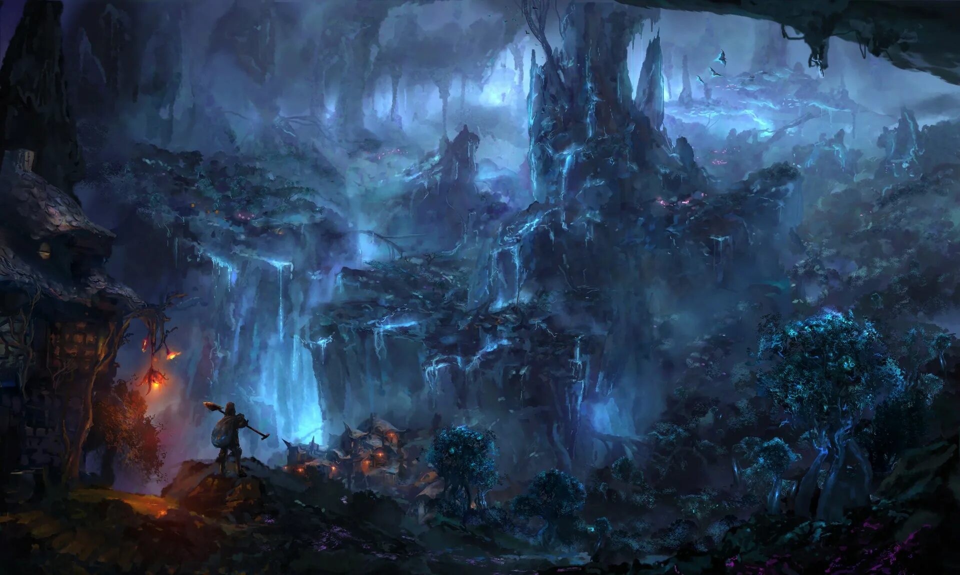 пещера эльфов. город темных эльфов мензоберранзан. мирквуд хоббит. нидавеллир скандинавская мифология. пещера фэнтези арт.