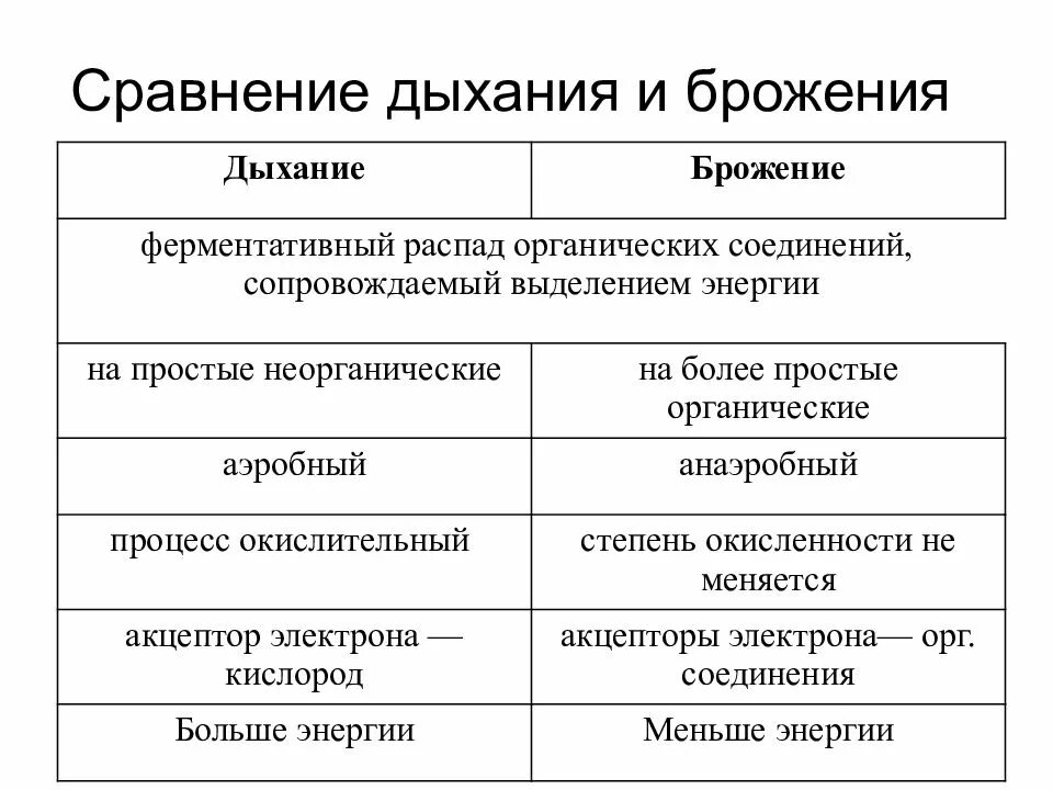 Сравните процессы дыхания и брожения бактерий. Сравнение процессов брожения и дыхания. Сравните процессы брожения и дыхания таблица. Сравнительная характеристика брожения и аэробного дыхания. Таблица сравнения фотосинтеза и дыхания растений