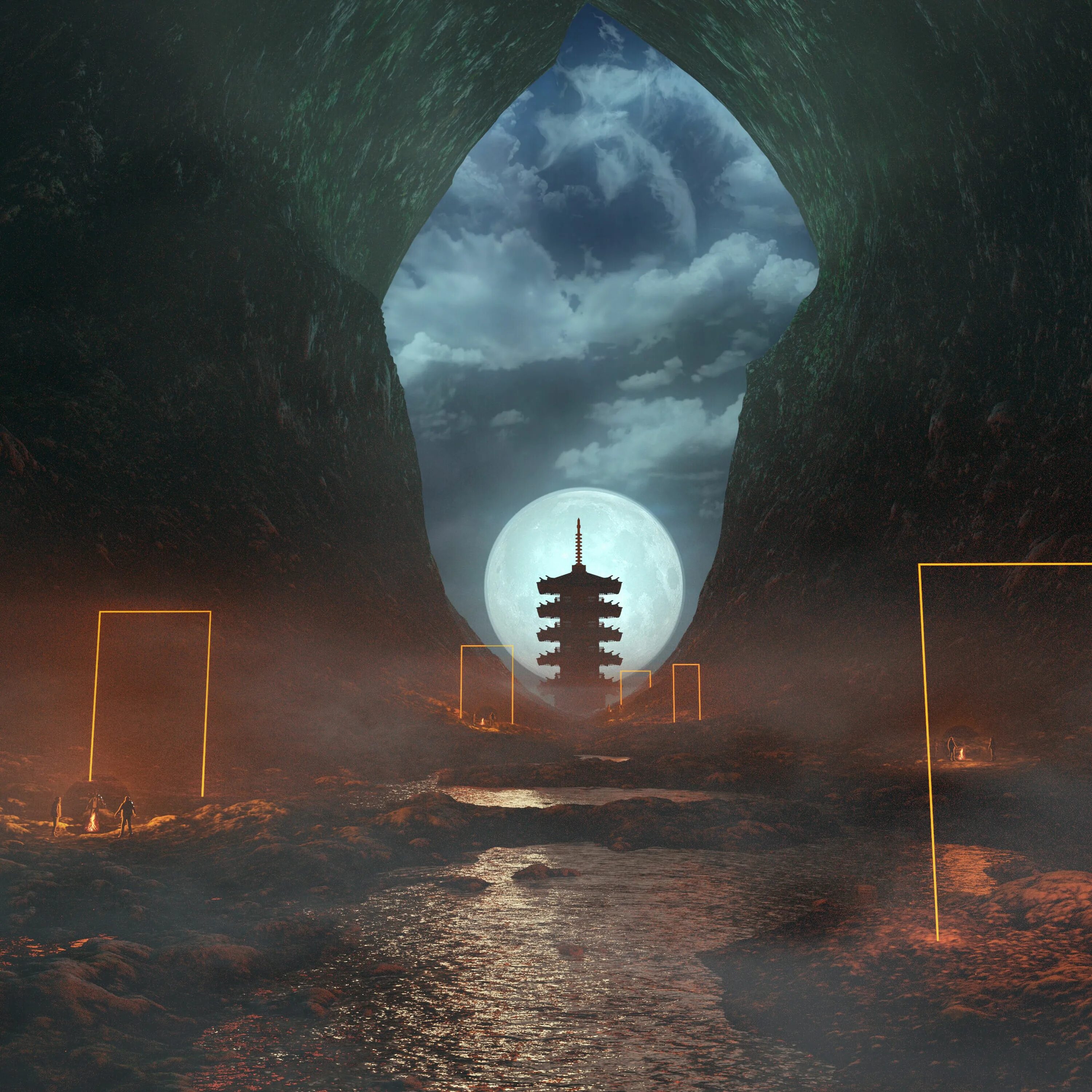 Луна в тумане. Луна туман арт. Китайский пейзаж с луной. Fog the cave