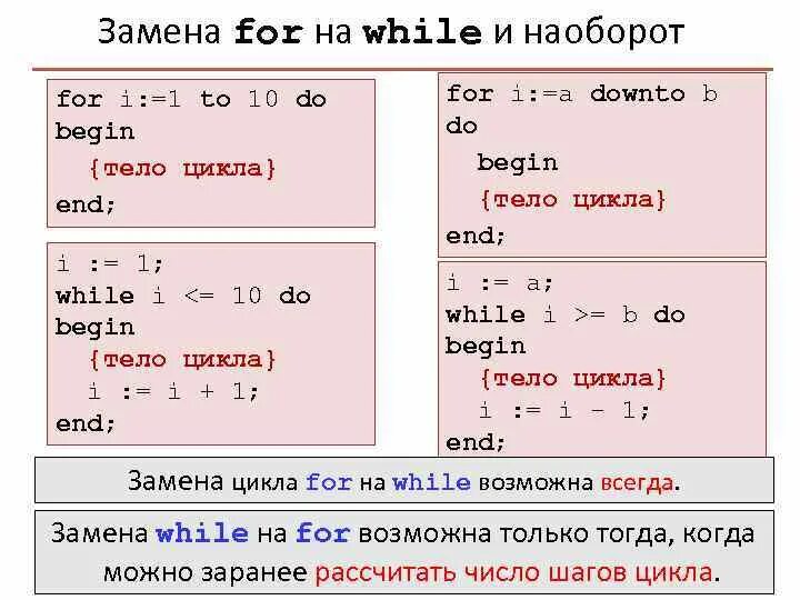 While i 5 i i 1. Как заменить цикл for на while. Циклы for и while. Цикл while в цикле for. Замена for на while и наоборот.