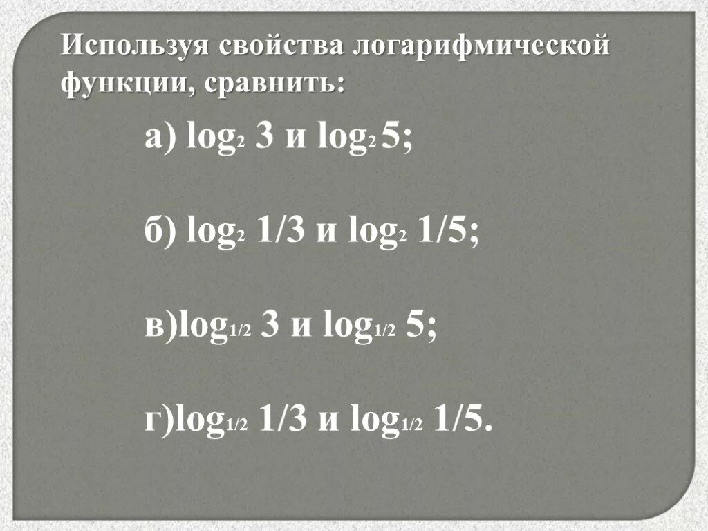 Используя свойства логарифмической функции сравните log 1/3 2 и log 1/5 2. Сравнить логарифмические функции. Сравнить числа log1/2 3/4 и log1/2 4/5. Сравните log5 4 и log5 3.