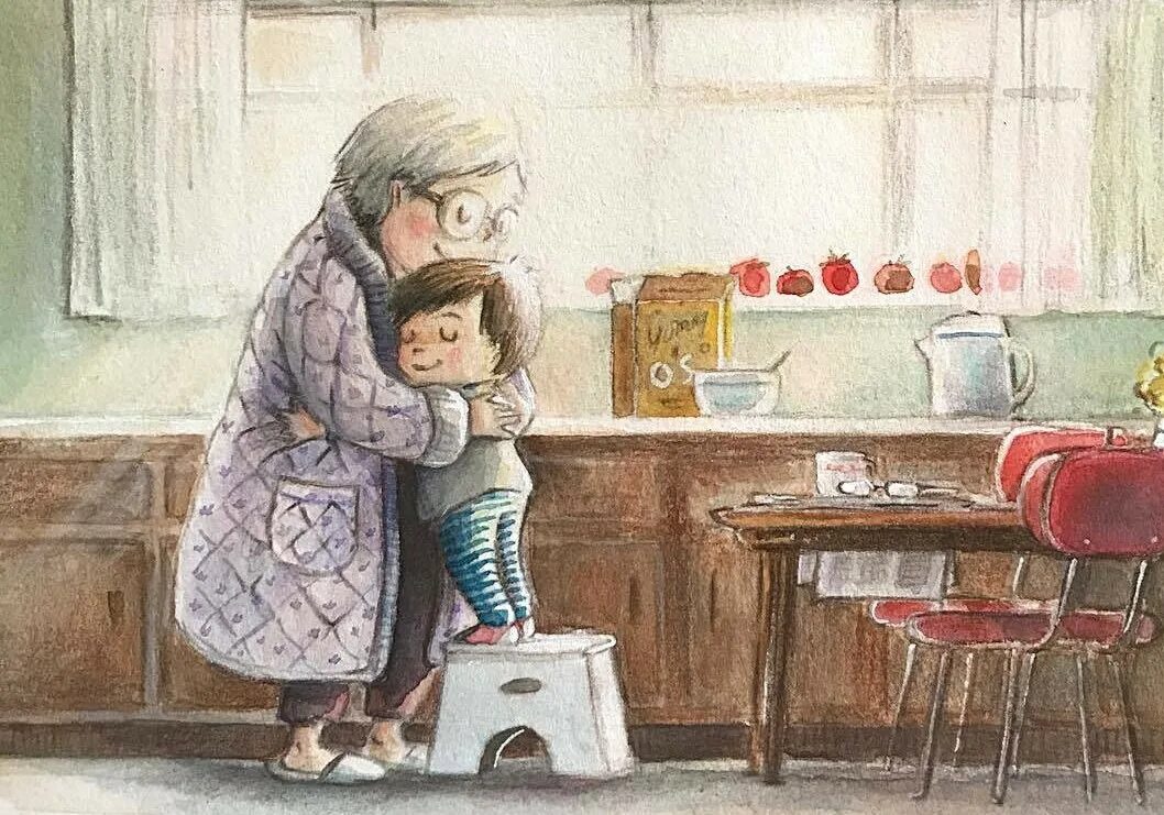 Молодым человеком воспитанным людям. Бабушка и внук иллюстрация. Бабушка с внучатами иллюстрации. Бабушка обнимает внучат. Бабуля с внуками рисунок.