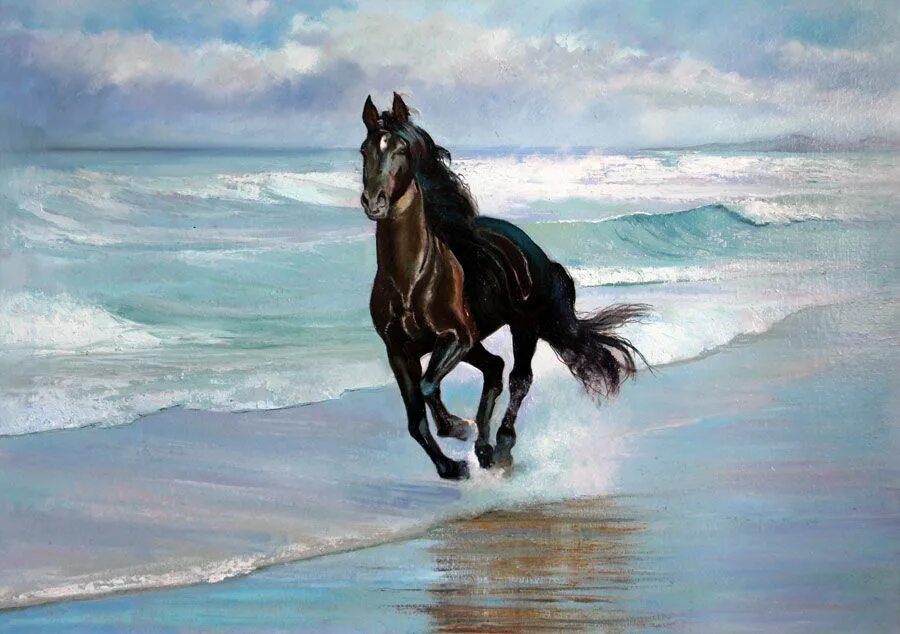 Черный конь скачет. Спартако Ломбардо лошади. Лошадь бежит. Лошадь бежит по воде. Пейзаж с лошадьми.