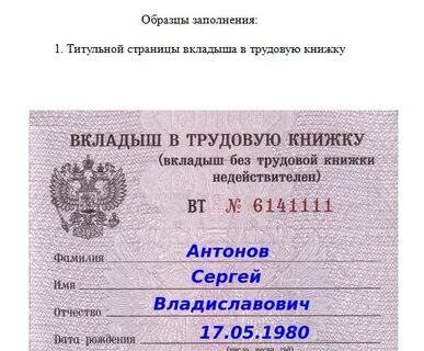 Выдача вкладыша