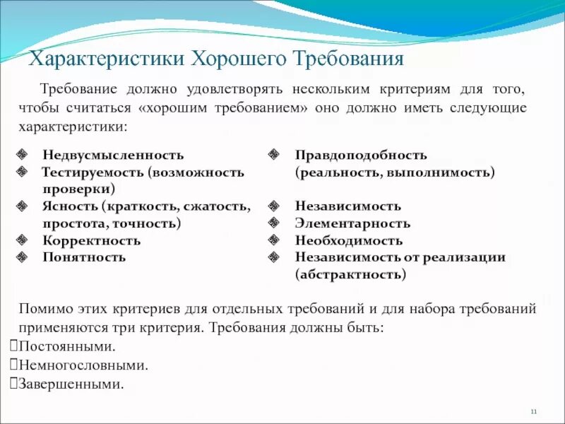 Характеристика хороших требований. Качественные характеристики требований. Характеристики наборов требований. Критерии хороших требований.