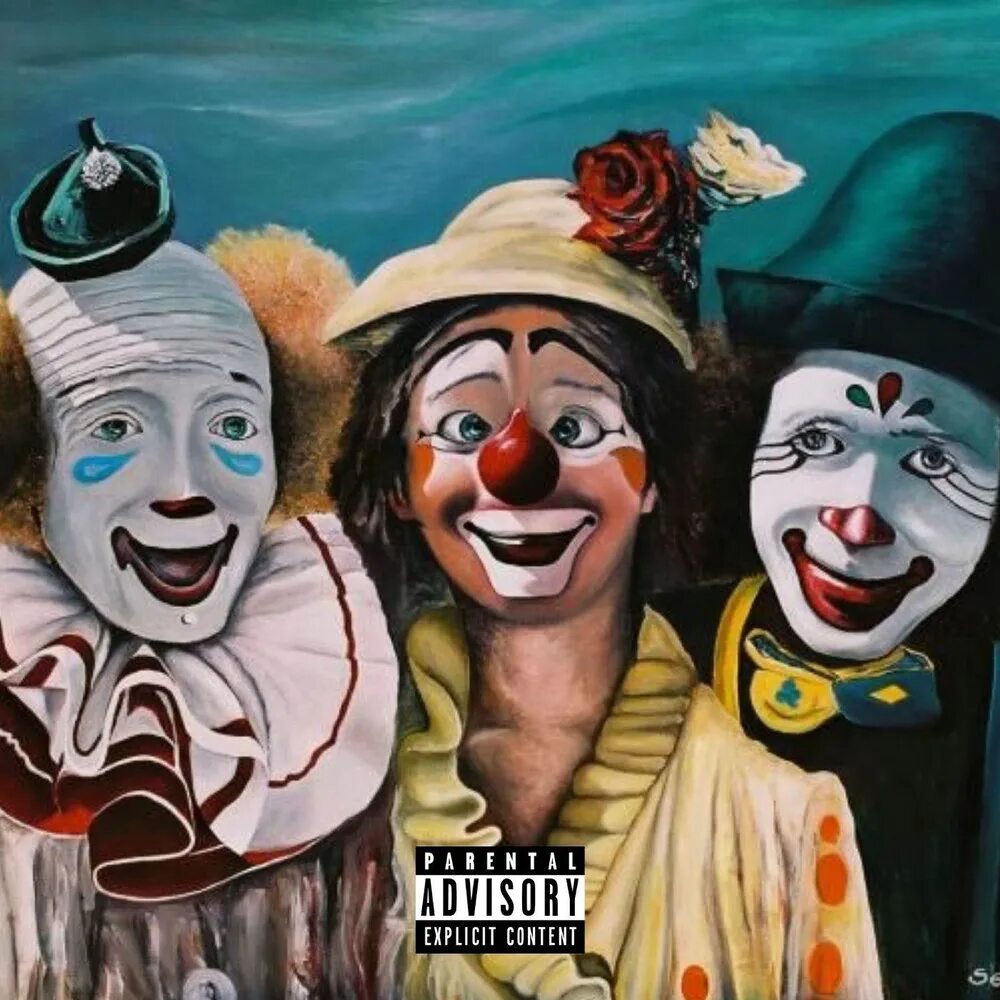 There three clowns at the. Клоуны в живописи. Клоун картина. Клоун коллаж. 3 Клоуна.