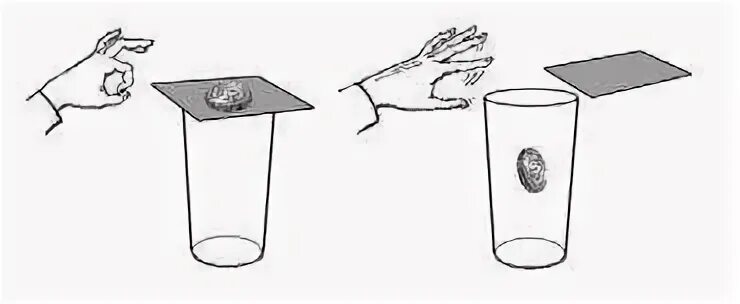 на стакан положили картонку. опыт с перевернутым стаканом с водой и бумагой. опыты по инерции. опыт с монеткой. эксперимент с монеткой и стаканами.