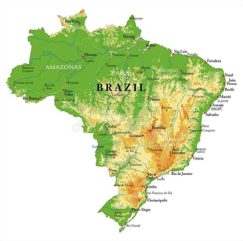 Карта Бразилии географическая. Территория Бразилии на карте. Физическая карта Бразилии. Расположение Бразилии на карте Южной Америки.